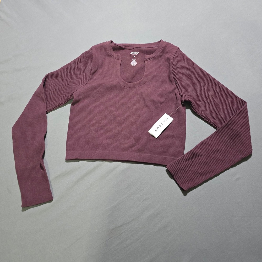PacSun Contour Top Womens Medium Plum Ribbed Long Sleeve Notched Neck Cropped
